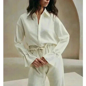 Elegant Pearl Decor Ruffle Sleeve Beige Blouse -	Beige